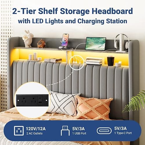 Allewie Full Size Lift Up Hydraulic Storage Bed Frame, 2-Tier Shelf Headboard with LED Lights and Charging Station, USB and Type C Ports, Wingback Velvet Headboard, No Box Spring Needed, Gray thumbnail 4