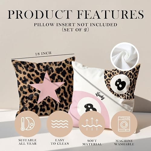 GTYNU Trendy Funky Cheetah Pink Y2K Luck 8 Ball Pillow Covers 18x18 Set of 2,Cheetah Leopard Lover Gifts for Women,Coquette Preppy Pillow Covers for Girls Room Dorm Apartment Decor thumbnail 6