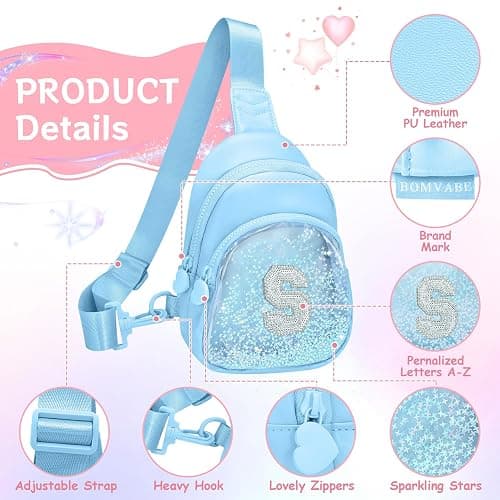 Bomvabe Glitter Initial Sling Bag for Tween Girls with Adjustable Strap 24"-41", Birthday Gift Trendy Stuff for 6-14 Years Old Girls, PU Leather Crossbody Bag for Kids, Sky-blue with Letter S thumbnail 3