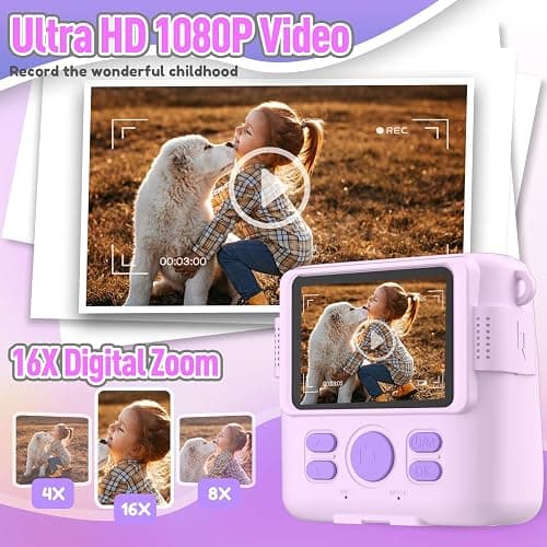 ESOXOFFORE Instant Print Camera for Kids, Christmas Birthday Gifts for Girls Boys, HD Digital Video Cameras for Toddler, Portable Toy for 4 5 6 7 8 9 10 Year Old Girl with 32GB SD Card-Purple - Purple thumbnail 4