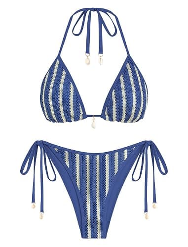 ZAFUL Women's Colorblock Stripes Triangle Halter Tied Cheeky Thong Bikini Set High Cut Two Piece Bathing Suit - Image 1