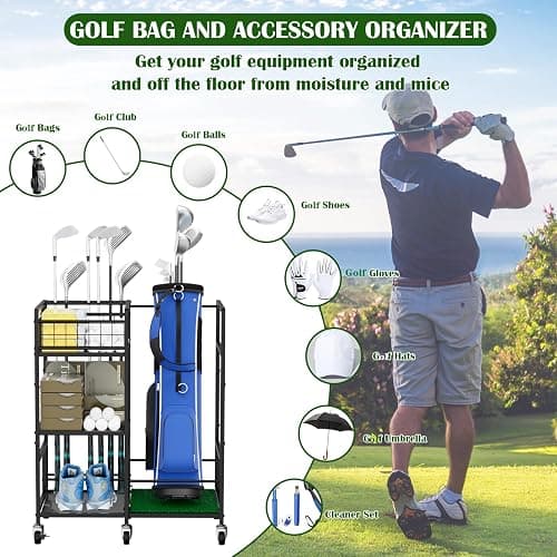 Golf Bag Storage Garage Organizer Golf Bag Stand for Single Golf Bag, Golf Clubs, and Golf Equipment Accessories Golf Bag Holder Storage Rack with Wheels for Garage, Club, Sports, Basement, Black thumbnail 3