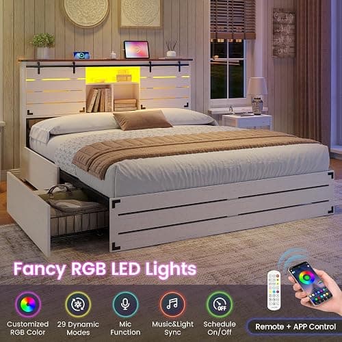 VIAGDO Wooden Bed Frame Full Size with Bookcase Headboard and Sliding Barn Door, Farmhouse Bed Frame Full Size with Charging Station, LED Lights and 4 Storage Drawers, No Box Spring Needed, White thumbnail 5