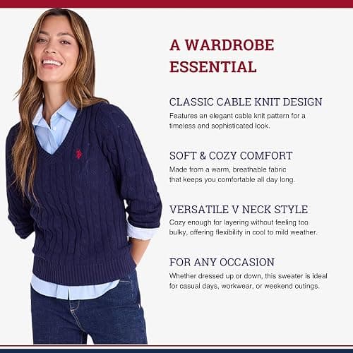 U.S. Polo Assn. Damen-Pullover mit Zopfmuster, weicher Strick, gesticktes Pony-Logo, gerippte Borten, lässiger gemütlicher Pullover thumbnail 4