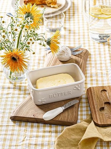 LE TAUCI Butter Dish with Lid for Countertop, Ceramic Butter Container, Embossed Butter Keeper with Acacia Wood lid, Knife, and Airtight Cover, Farmhouse Decor - Set of 1, Arctic White, Bee Pattern thumbnail 6