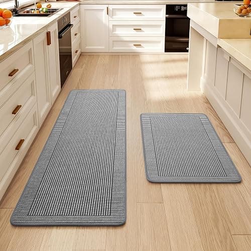QiCaiJia Kitchen Mats for Floor, 17''x30''+17''x47''Kitchen Rugs Set of 2, Washable Non Slip Absorbent Kitchen Mat, Braided Kitchen Runner Rug, Kitchen Sink Rug, Grey - Image 1