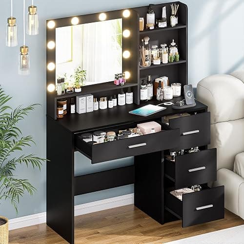 DINGIPP Vanity Desk with Lighted Mirror and Charging Station, Makeup Vanity with 4 Drawers & Storage Shelves,Makeup Desk 3 Color Lights Modes Available, Bedroom Dressing Table for Women, Girls thumbnail 8