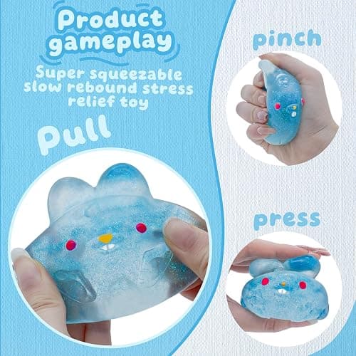 Stress Relief Blue Glitter Bunny Squeeze Toy - Jelly Hops Sensory Squishy Fidget Toy, Anxiety Calming Soft Jelly Ball for Kids & Adults, ADHD Autism thumbnail 6