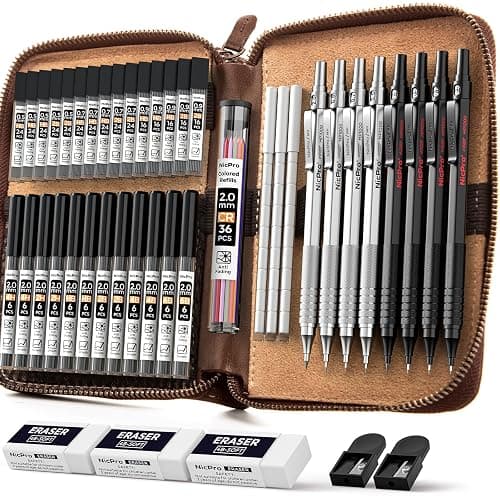 Nicpro 45PCS Black & Silver Metal Mechanical Pencil Set in Leather Case, Art Drafting Pencil 0.5, 0.7, 0.9 mm, 2mm Lead Holders for Sketching Drawing With 27 Tube (6B 4B 2B HB 2H 4H Colors)Lead Refill - Image 1