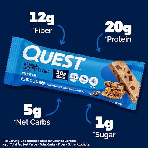 Quest Nutrition Oatmeal Chocolate Chip Protein Bars, 20g Protein, 1g Sugar, 5g Net Carb, Gluten Free, Keto Friendly, 12 Count thumbnail 4