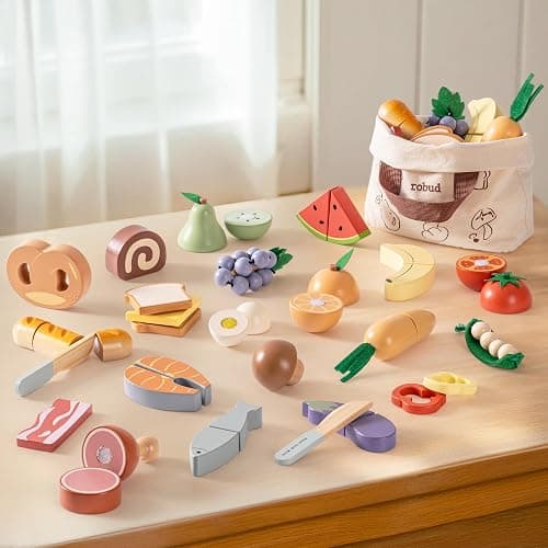 ROBUD Wooden Toy Food Set, Cutting Toy Food for Pretend Play Kitchen Accessories Toyfood Playset with Storage Bag, Toys Gifts for 3+ Year Old Girls Boys thumbnail 2