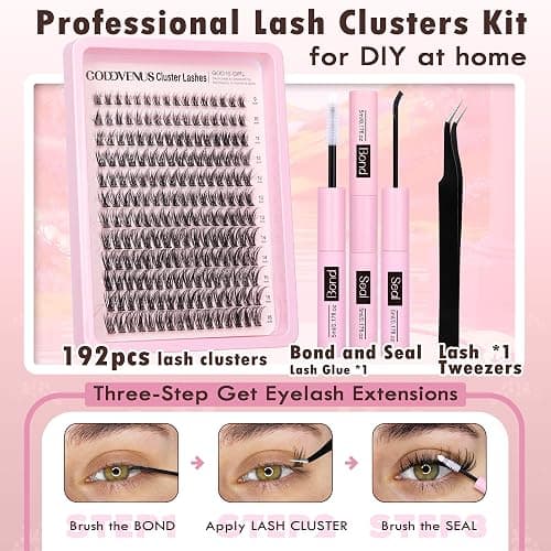 Goddvenus Lash Clusters Kit Wispy Lash Extension Kit Waterproof Lashes Clusters DIY Eyelash Clusters Kit with Natural Individual Eyelashes, Lashes Glue Bond and Seal and Lash Tweezers (D Curl 192pcs) thumbnail 4