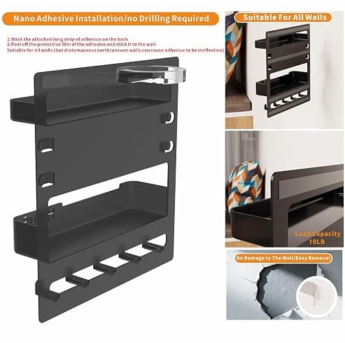 Yieach Bedside Shelf for Dorm Bed,Rv,Small Room and Nightstand,Wall Mounted Floating Shelves and Bedside Wall Organizer for Remote,Phone Holder,Charging Shelf,Cute Bedroom Decor for College Girl,Black thumbnail 4