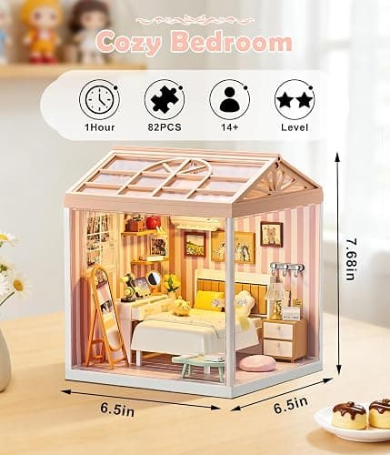 BeepZipp Cozy Bedroom DIY Miniature House Kit for Adults, 3D Dollhouse with LED Light & Dustproof Door, Stackable Connectable Display Case, Creative Gift for Home Decor Lovers Teens Women thumbnail 3