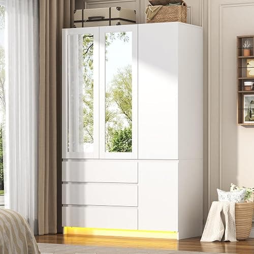 75"H Tall Modern 3 Doors Wooden Armoire Wardrobe Closet with 3 Drawers & 2 Mirror,Clothing Storage Cabinet with Hanging Rod,Bedroom Large Freestanding Armoires with Led Lights for Bedroom,White - Image 1