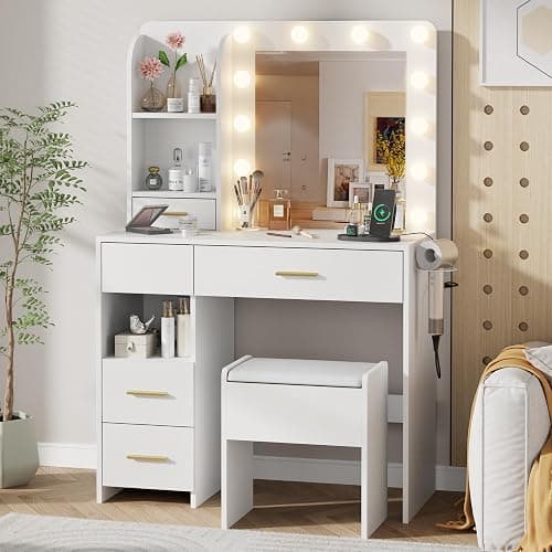 Otterease Vanity Desk with LED Lighted Mirror&Power Outlet, 3 Lighting Colors Makeup Vanity Desk with 5 Large Drawers and 3 Storage Shelves, White Vanity with Storage Stool for Bedroom - Image 1