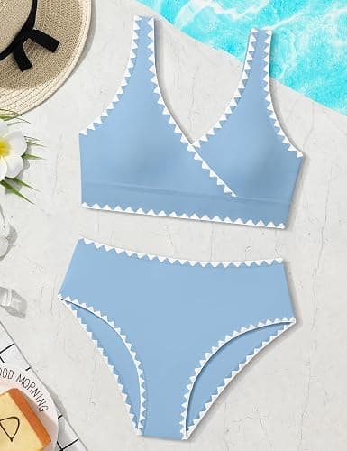 KANGKANG Girls Swimsuit Bikini Set Solid Color V-Neck Two Piece Bathing Suit with Chest Pad Adjustable Straps Swimwear 7-16T - Sky Blue - 9-10 Years thumbnail 4