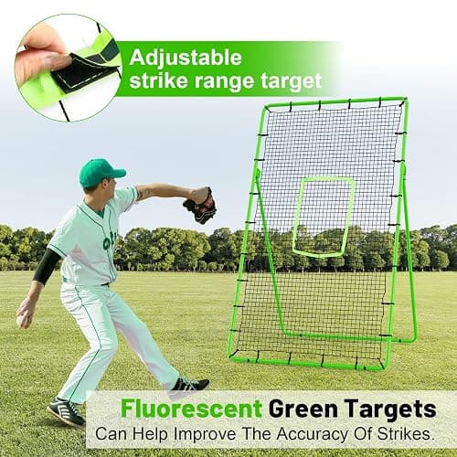 4×7ft Rebounder Net，Soccer Rebounder with Adjustable 5 Angles，6 Ground Stakes，1 Glove，Baseball Rebounder Net with Fluorescent Green Pitching Target，Net for Individual/Team Baseball Training thumbnail 7