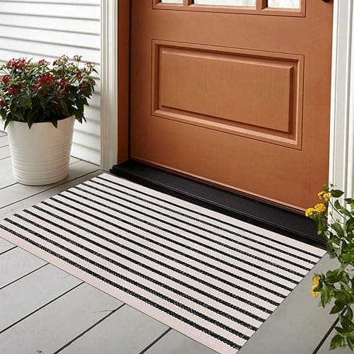 LEEVAN Black and White Striped Rug Doormat 2x3 Washable Front Porch Rug Farmhouse Layered Door Mats Outdoor Cotton Hand Woven Throw Carpet for Entryway/Front Steps/Bathroom/Home Entrance - Image 1