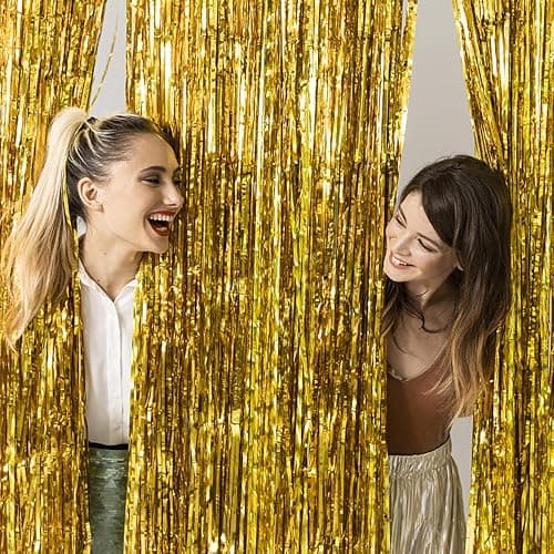 2 Pack Gold Backdrop Birthday Decorations Foil Curtain Backdrop Gold Streamers Dance Party Decorations Photo Booth Props for Bachelorette Decorations Christmas Halloween New Years Eve Party Supplies thumbnail 6