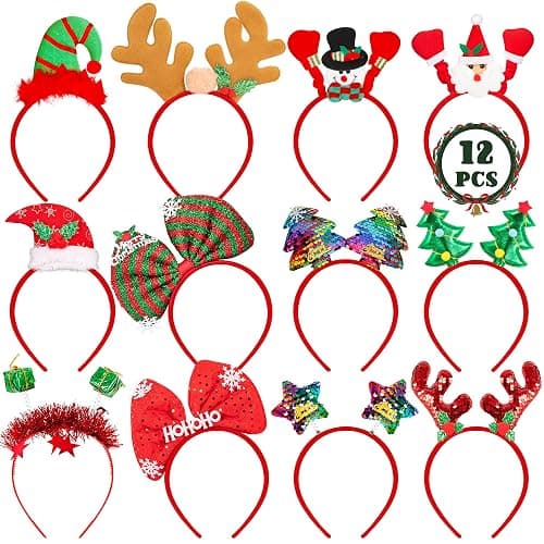 HOVACY 12 Pieces Christmas Headbands, Cute Xmas Head Toppers, Various Design Santa Hat Christmas Tree Snowman Reindeer Antler Headwears for Christmas Party Favors, Christmas Decorations - Image 1
