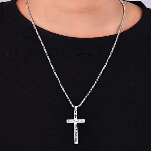 Fiusem Bible Verse Cross Necklace for Men, Stainless Steel Mens Necklace, Black/Gold/Silver Tone Cross Pendant for Men thumbnail 2