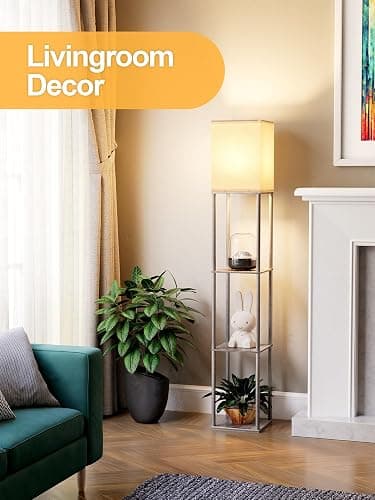Floor Lamp with Shelves for Living Room 2 Pack Oak Gray, Shelf Floor Lamp with 3 CCT LED Bulb, Corner Display Standing Column Lamp Etagere Organizer Tower Nightstand with White Linen Shade for Bedroom thumbnail 9