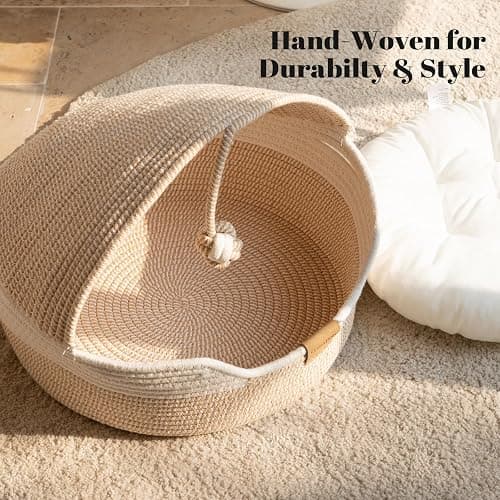 CHEERPALS Cat Basket Bed with Washable Cushion and Ball Rope Cotton, Covered Pet Bed for Indoor Cats Cave Bed Hooded, Stimulicat Cat Bed Handwoven Breathable, All Season Universal(White) thumbnail 8