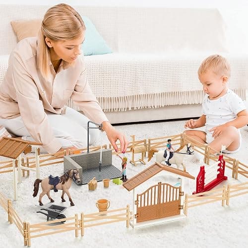 Peagrav Horse Stable Playset with Rider & Horses - Toy Figures for Boys & Girls, Ages 3-8 thumbnail 3