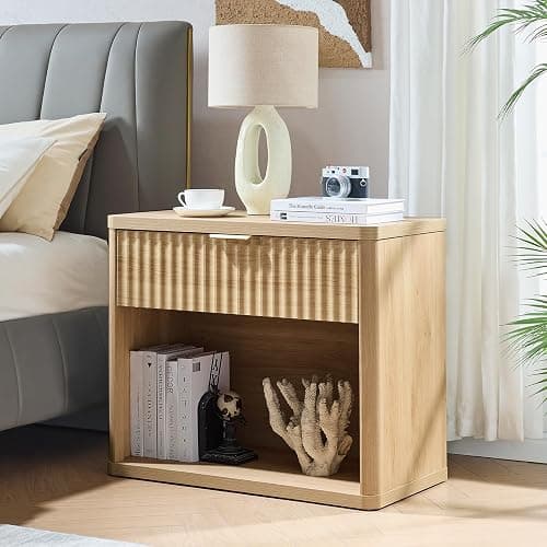 LEYAOYAO 31" Wide Fluted Nightstand with Charging Station, Oversized Extra Large 1 Drawer Night Stand with Golden Handle, Natural Wood Bedside Table Tall End Tables,for Bedroom, Living Room, Hallway thumbnail 3