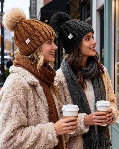 YANIBEST Womens Winter Beanie Hat Satin Lined Knitted Beanie Hat Warm Soft Ski Cuff Cap with Pom Pom thumbnail 3