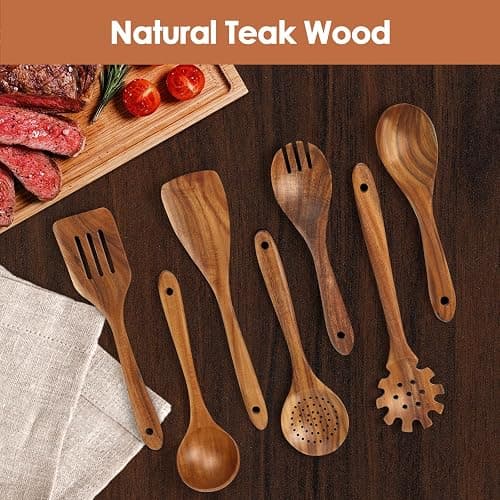 comfoyar Teck Ustensiles de Cuisine Bois, Set de 7 Cuillère en Bois pour la Cuisson avec Spatula et Ladle, Résistance à la chaleur Convient pour Poêles Antiadhésives thumbnail 4
