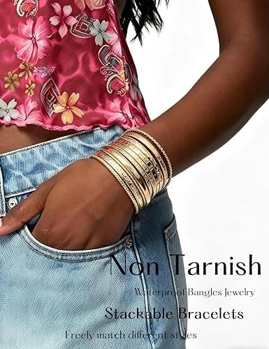 YEEZII Gold Bangle Bracelets for Women, 12 Pcs Indian Boho Stackable Set, Multi Layer Textured 14K Gold Plated Adjustable Bracelets Jewelry Set thumbnail 6