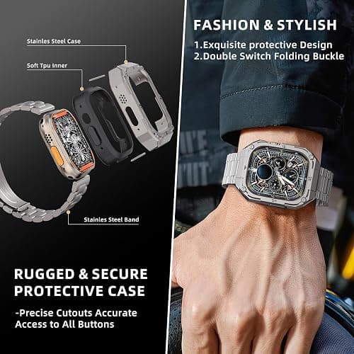 Formal Stainless Steel Band/Case Compatiable for 45mm Apple Watch Band for Men,Metal Apple Watch Bumper Case with Strap for iWatch Band Series 9 8 7,Titanium thumbnail 5