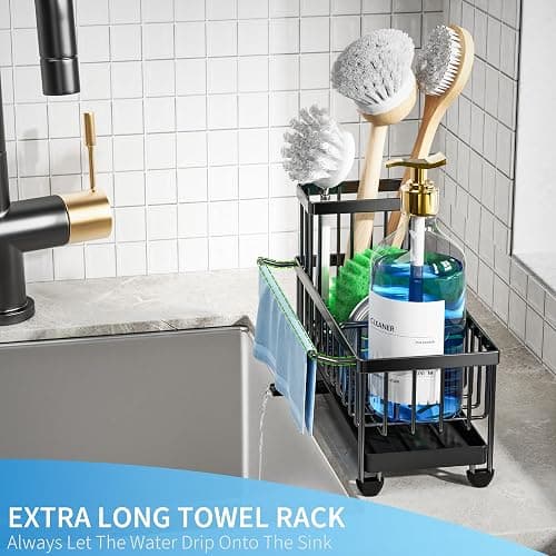 Cisily Sponge Holder for Kitchen Sink with Towel Rack, Sink Caddy with Kitchen High Brush Holder, Organzier Rustproof 304 Stainless Steel Dish Organizer Divider, Soap Dispenser Storage - Black With Towel Rack thumbnail 3