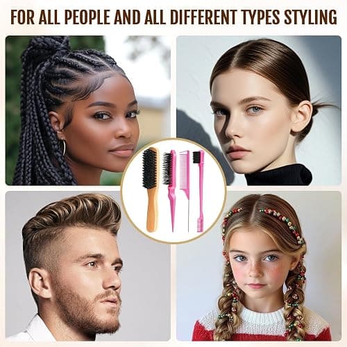 Boar Bristle Slick Back Hair Brush for Smooth Flyaways, Frizz, Sleek Ponytail, Buns and Edge Baby Hair, Teasing | Hair Comb, Edge Brush, Teasing Brush Styling Accessories for Girls, Kids, Women & Men thumbnail 9