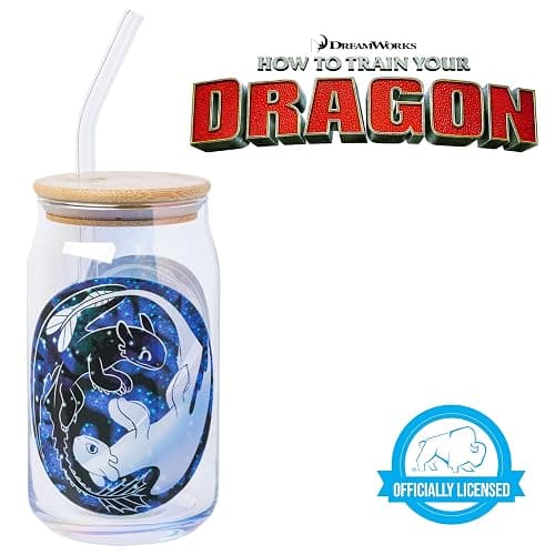 Silver Buffalo How to Train Your Dragon Ying and Yang Featuring Toothless and Light Fury Glass Jar Tumbler with Bamboo Lid and Glass Straw, 16 Ounces thumbnail 7