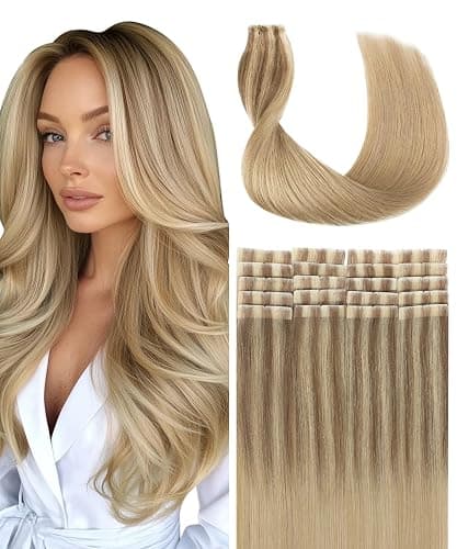 SURNEL Injected Tape in Hair Extensions Golden Brown to Caramel Blonde Seamless Tape in Real Human Hair Invisible Extensions 16Inch 20pcs/pack 35g(#102727,16) - Image 1