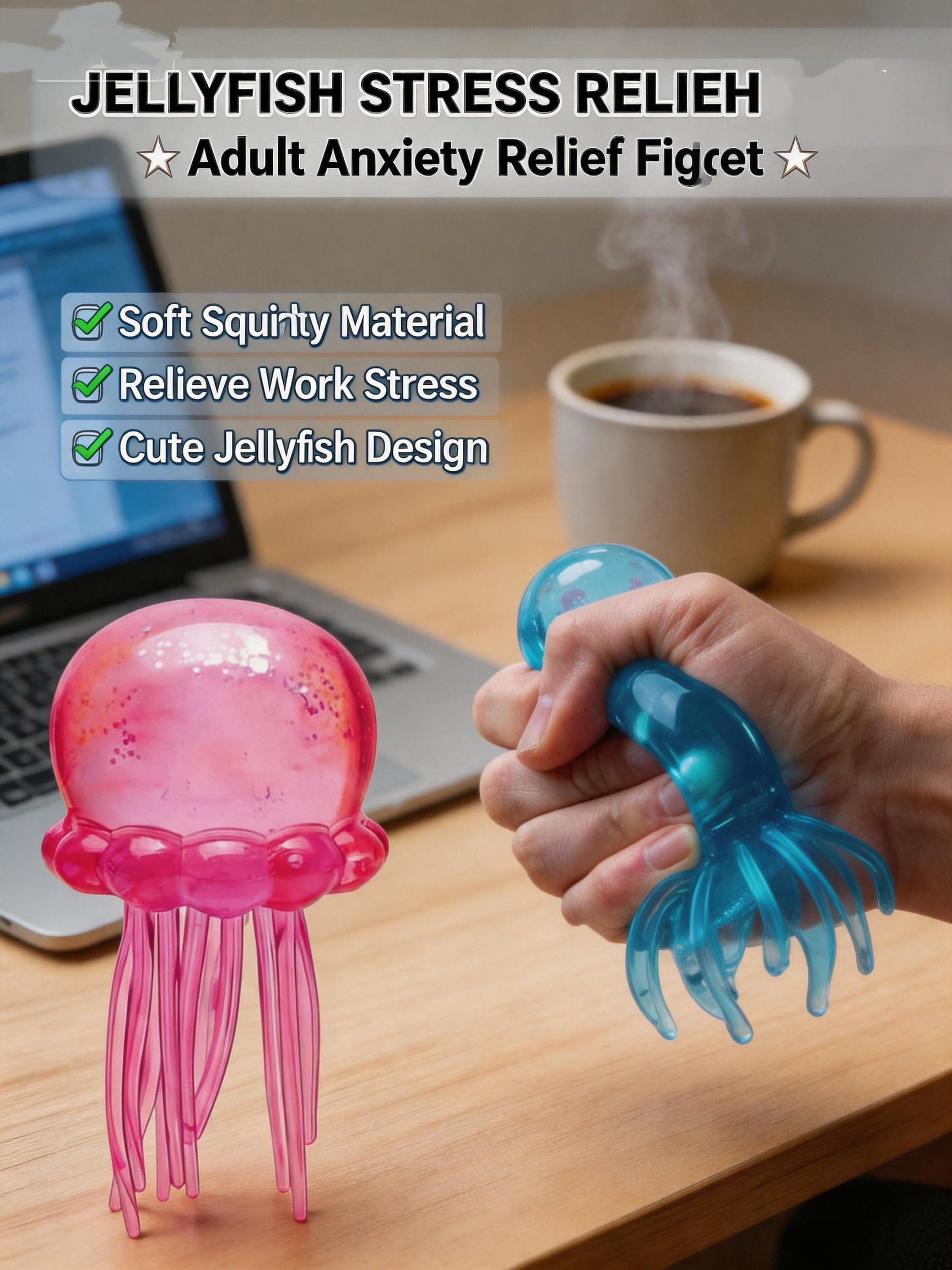 Jellyfish Squishy, Jellyfish Design Squeeze Stress Ball,Fidget Stress Ball, Ice Squeeze Cube-Drop Malt Sugar Balls Sensory for Anxiety Stress Easter Party Favors (Blue) thumbnail 4