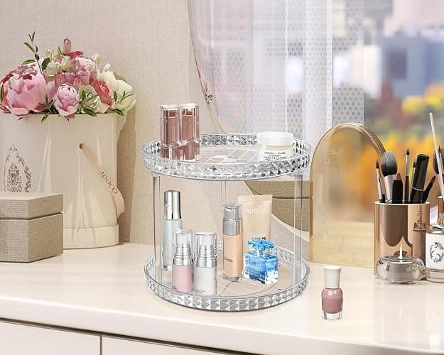 2 Tier Diamond Lazy Susan Bathroom Organizer Countertop, Clear 360 Rotating Cosmetic Makeup Organizer for Vanity, Skincare Organizers Perfume Organizer for Counter - Organization and Storage -9.25INCH thumbnail 3