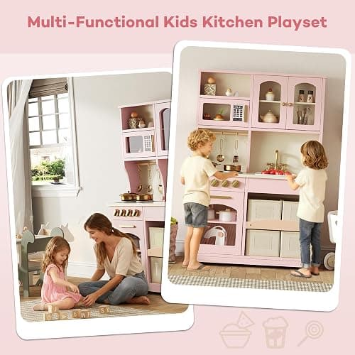 knoworld Play Kitchen for Kids, Wooden Toy Kitchen Set with Smart Storage & Accessories, Toddler Kitchen Playset with Stove & Oven, Pretend Play Set, Gift for Ages 3-8, Pink thumbnail 9