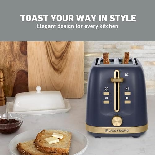 West Bend Timeless 2-Slice Toaster with 7 Browning Levels, Bagel/Waffle/Defrost Settings, High-Lift Lever, Anti-Jam, Easy-Clean Crumb Tray, 2-Slice, Blue/Gold thumbnail 7