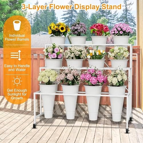 NEYCIL Flower Stand, 3-Tier Flower Display Stand with Buckets for Indoor Outdoor, Flower Cart Display Stand with Wheels for Courtyard, Balcony, Flower Shop, Wedding, Party, Exhibition (White) thumbnail 4