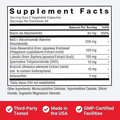 Force Factor NAD+ (NMN or Nicotinamide Riboside Alternative) with Resveratrol, Astaxanthin, Spermidine & Luteolin Complex, NAD to Support Cellular Health & Healthy Aging, 60 Capsules thumbnail 9