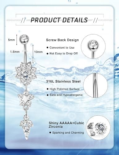 JOERICA 3-6Pcs 14G 316L Stainless Steel Belly Button Rings for Women Flower CZ Dangle Belly Button Rings Navel Piercing Jewelry thumbnail 4