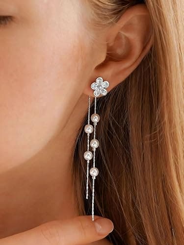 MUMREUES Gold Earrings for Women Trendy 14k Gold Plated Cubic Zirconia Flower Dangle Earrings Hypoallergenic Dainty Pearl Drop Chain Earrings Jewelry Gifts for Her thumbnail 7