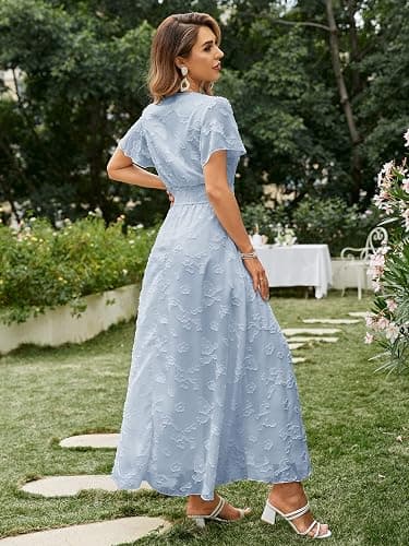 Simplee Women's Boho Floral Maxi Dress Flowy Casual V Neck Short Sleeve Wedding Guest Holiday Beach Long Dress thumbnail 4
