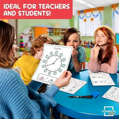 Scribbledo 10 Pack Telling Time Teaching Sheets - 9'x12' Dry Erase Learning Clocks for Kids Homeschooling Supplies thumbnail 9