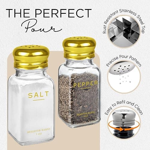 Gold Salt and Pepper Shakers Set with Holder by Brighter Barns - Luxury Kitchen Decor & Accessories - Modern Glass Shakers with Stand & Stainless Steel Lids for Neutral Home, Restaurants (Clear/Gold) thumbnail 4