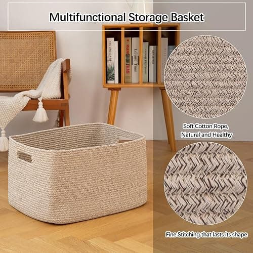 OIAHOMY 75L Large Woven Cotton Rope Storage Basket with Handle for Organizing Blanket and Toys for Living Room, Nursery, Brown Variegated 22”x17”x12” thumbnail 5